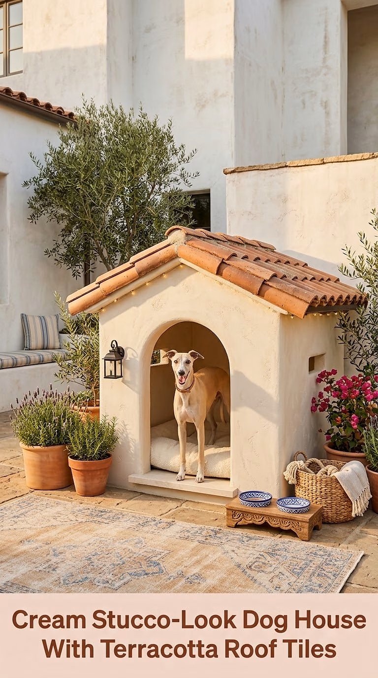 7. Cream Stucco-Look Dog House With Terracotta Roof Tiles