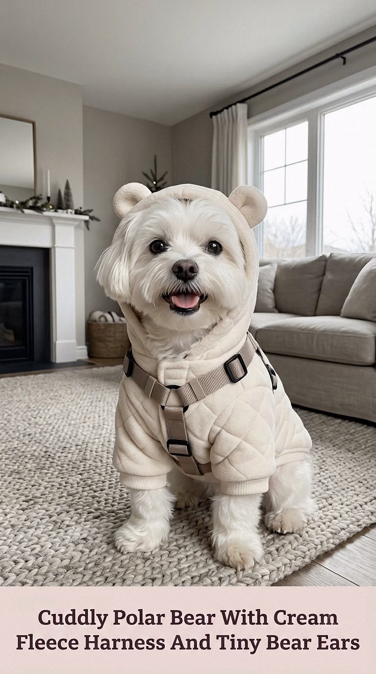 Cuddly Polar Bear With Cream Fleece Harness And Tiny Bear Ears
