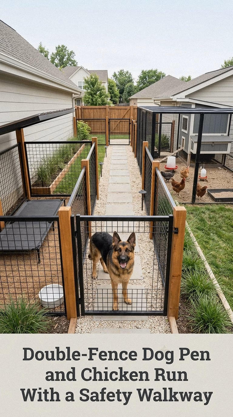 Double-Fence Dog Pen and Chicken Run With a Safety Walkway