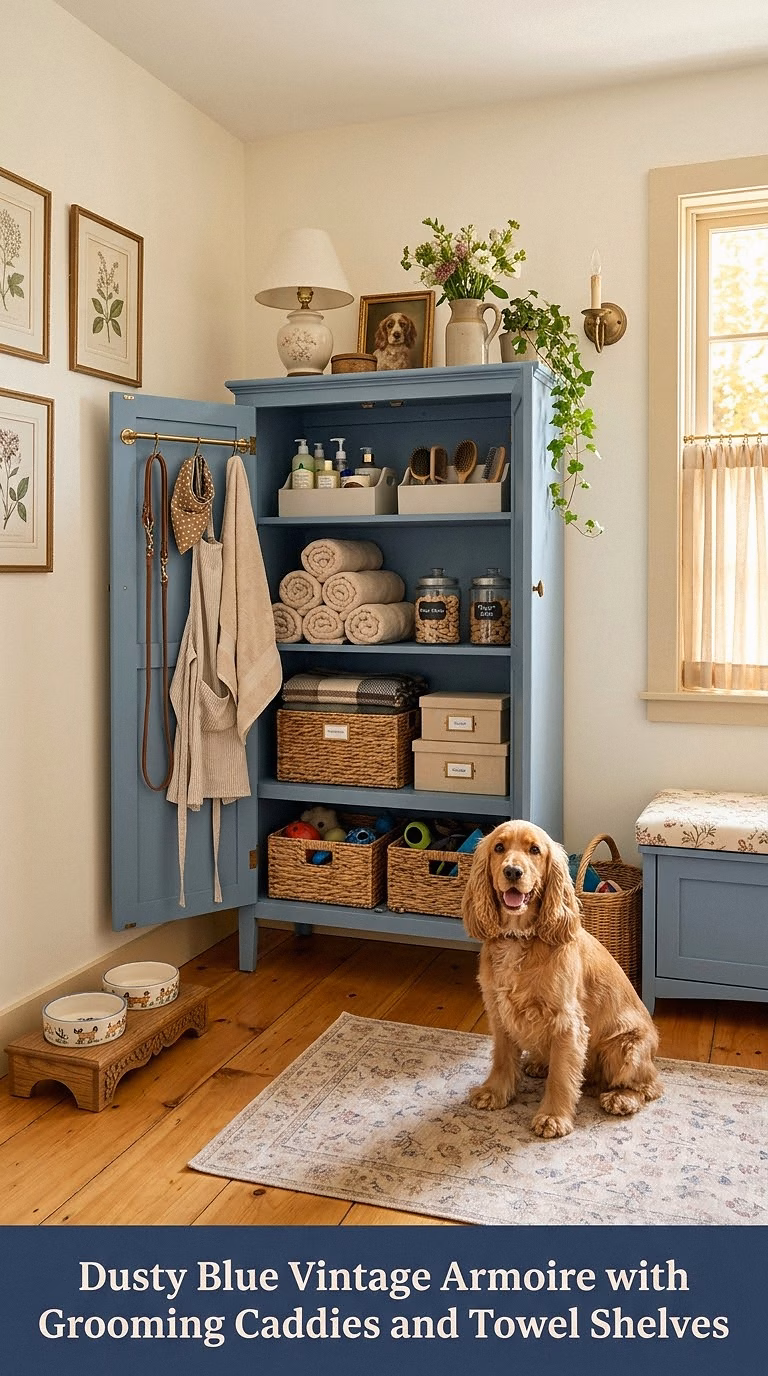 Dusty Blue Vintage Armoire with Grooming Caddies and Towel Shelves