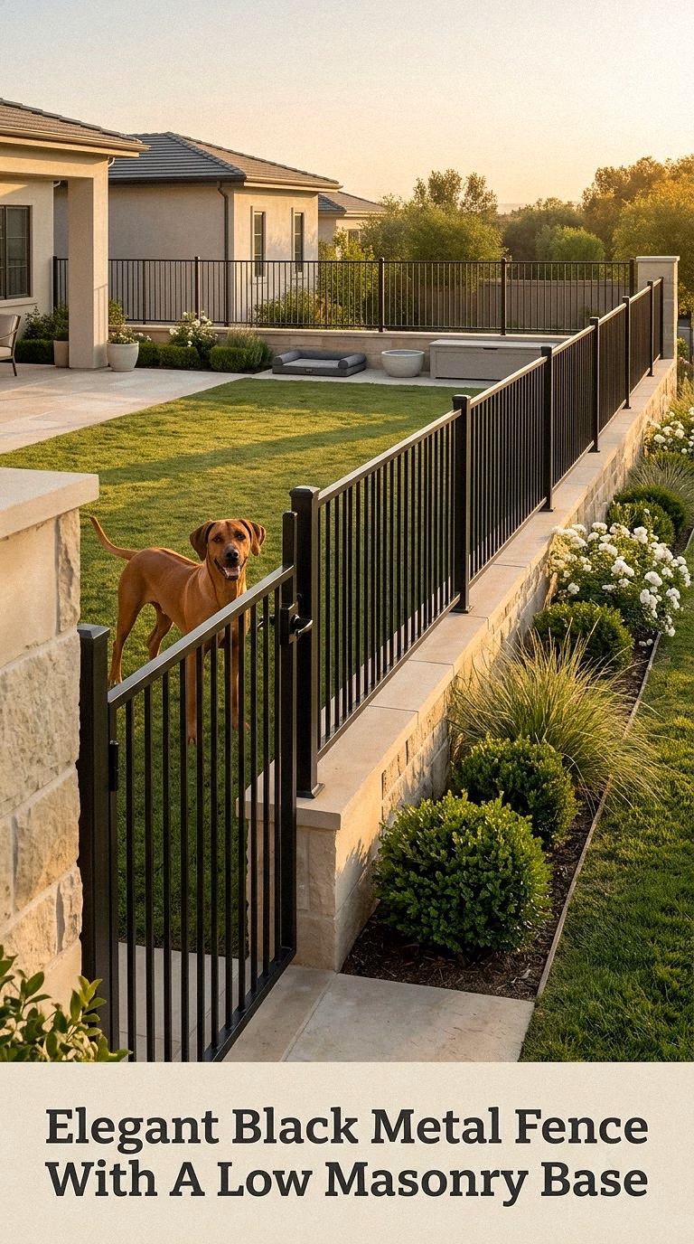 Elegant Black Metal Fence With A Low Masonry Base
