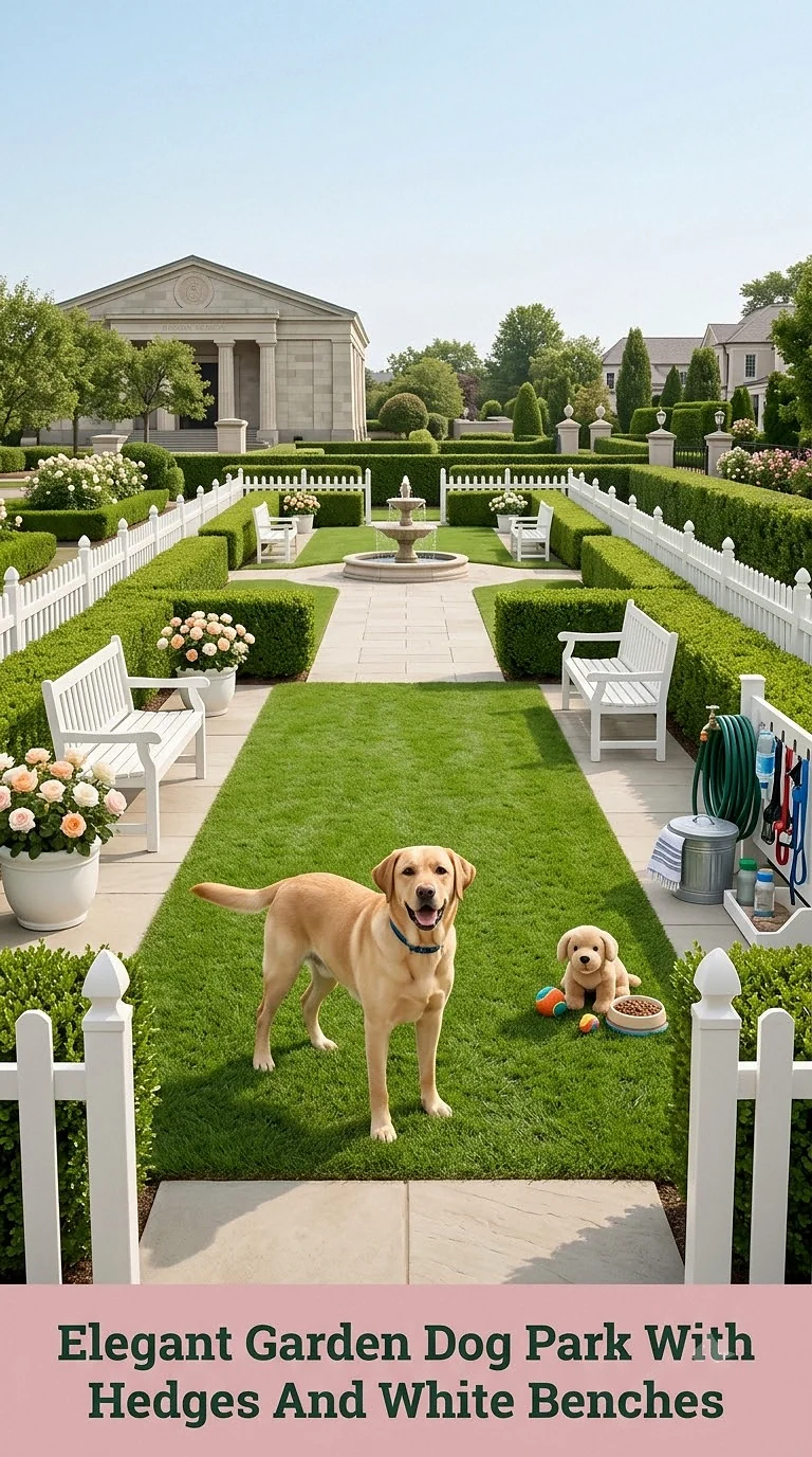 Elegant Garden Dog Park With Hedges And White Benches