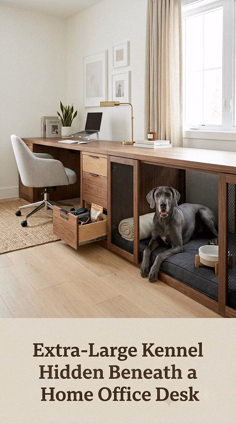 Extra-Large Kennel Hidden Beneath a Home Office Desk