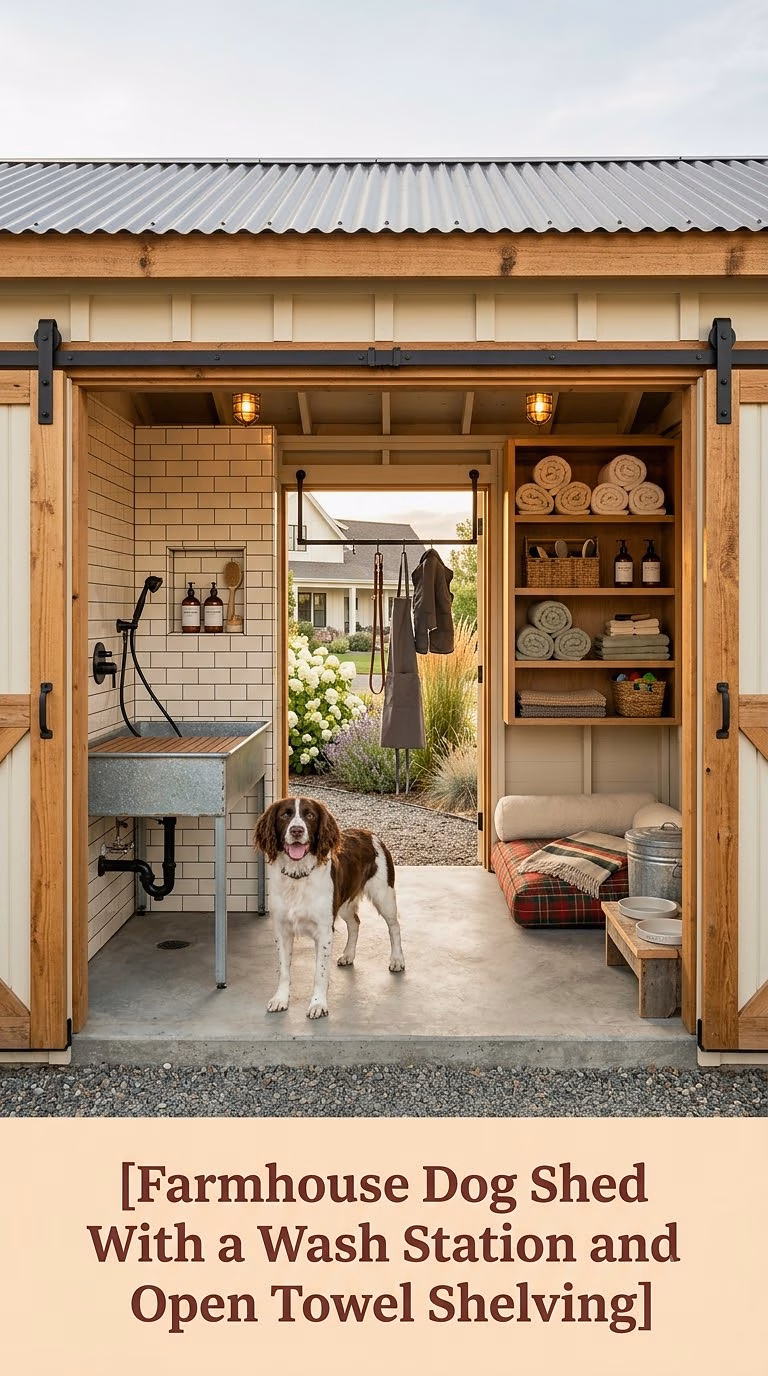 7. Farmhouse Dog Shed With a Wash Station and Open Towel Shelving