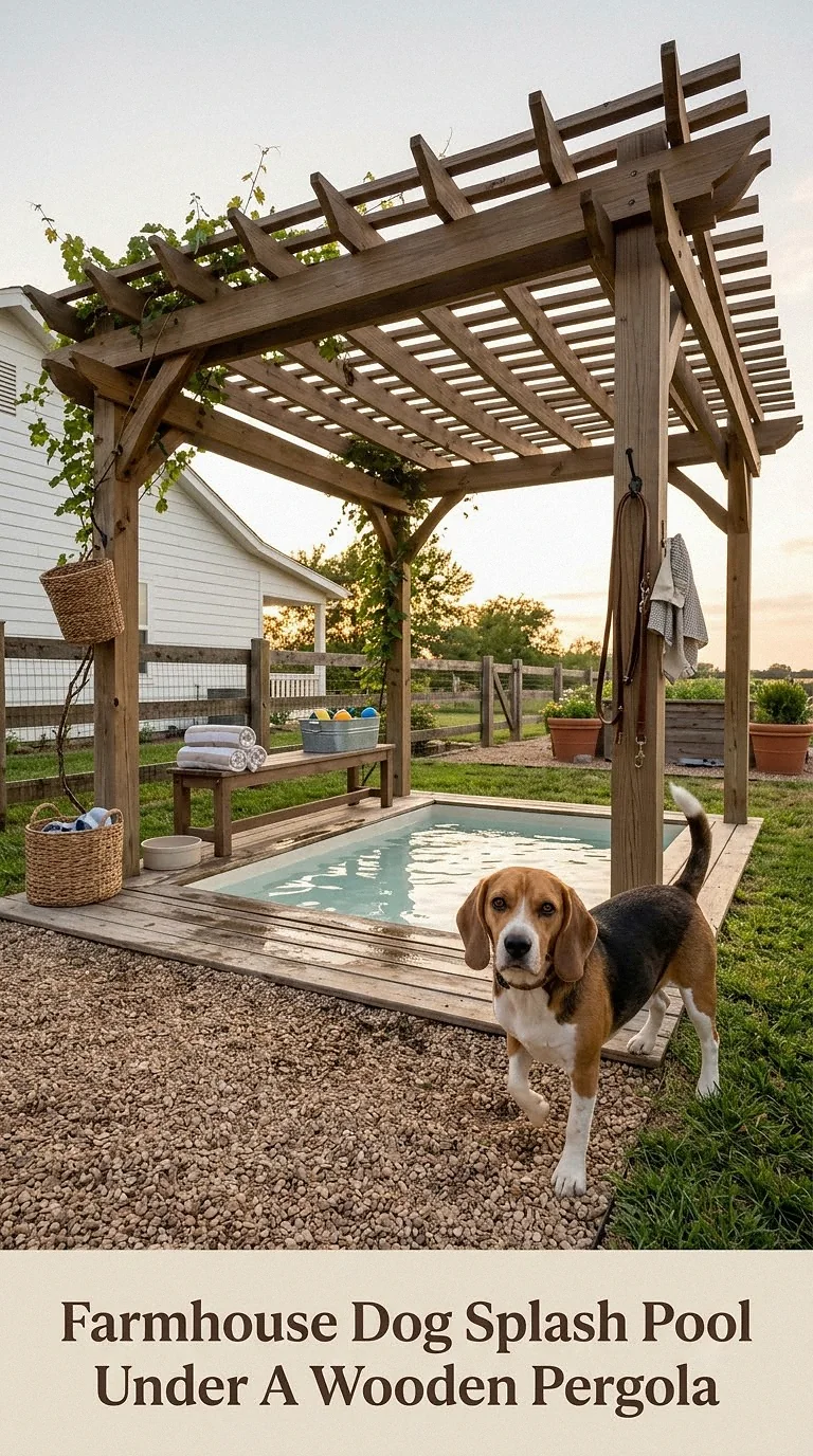 Farmhouse Dog Splash Pool Under A Wooden Pergola