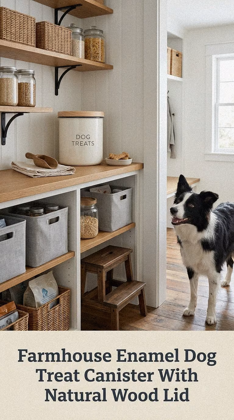 Farmhouse Enamel Dog Treat Canister With Natural Wood Lid