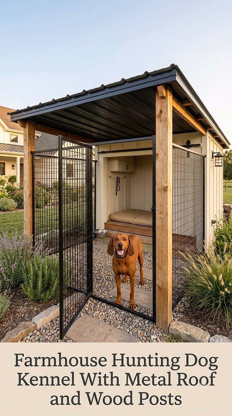 Farmhouse Hunting Dog Kennel With Metal Roof and Wood Posts