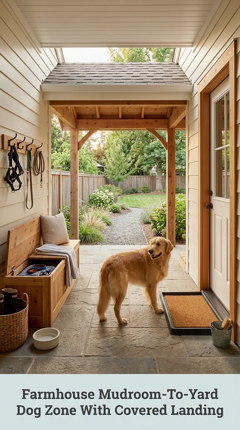 Farmhouse Mudroom-To-Yard Dog Zone With Covered Landing