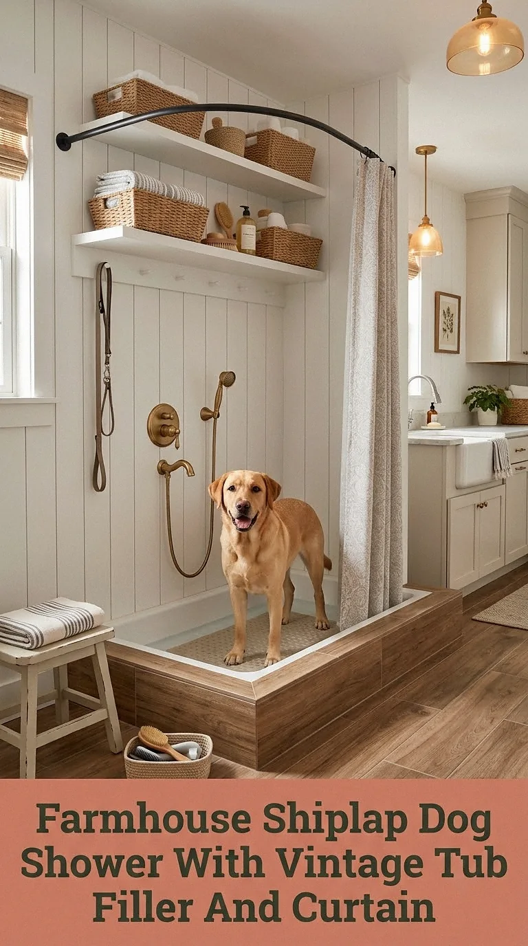Farmhouse Shiplap Dog Shower With Vintage Tub Filler And Curtain