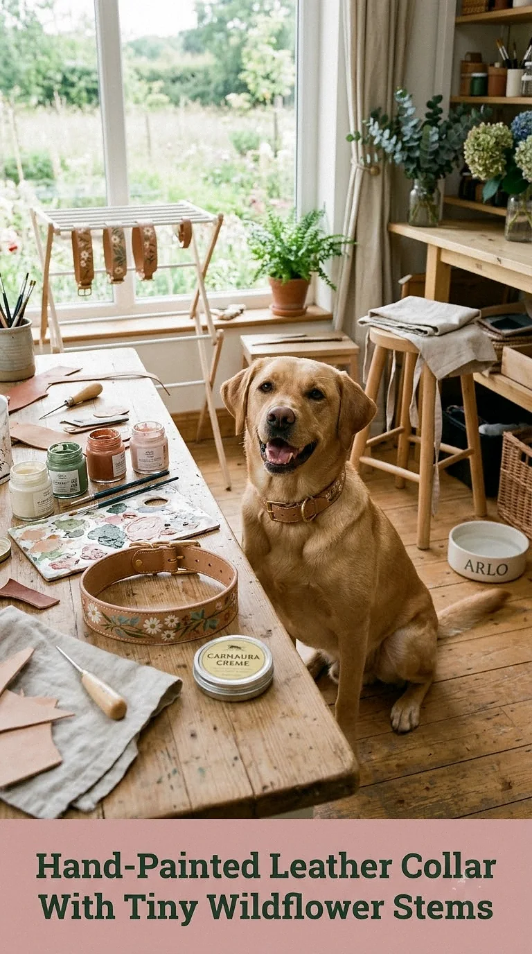 Hand-Painted Leather Collar With Tiny Wildflower Stems