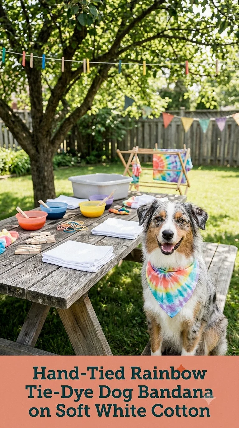 Hand-Tied Rainbow Tie-Dye Dog Bandana on Soft White Cotton