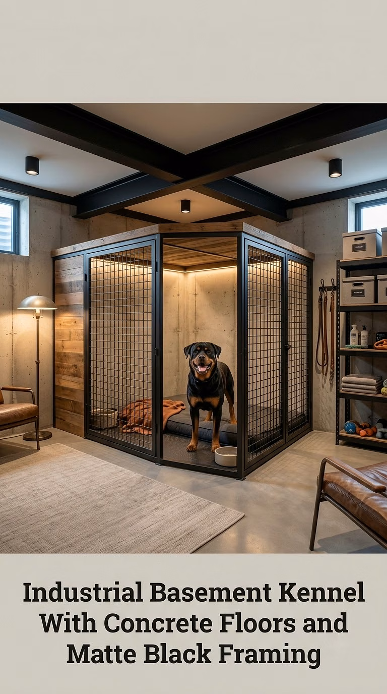 Industrial Basement Kennel With Concrete Floors and Matte Black Framing