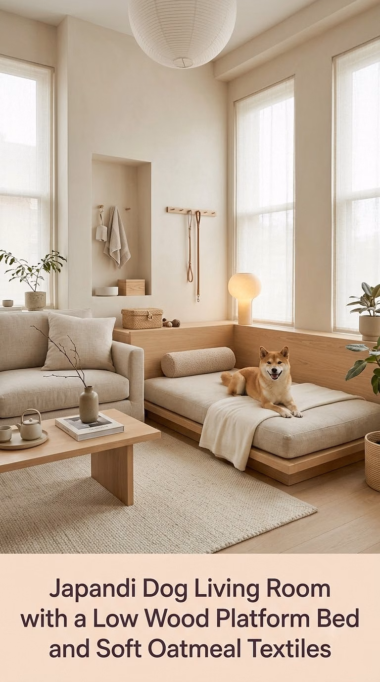 7. Japandi Dog Living Room with a Low Wood Platform Bed and Soft Oatmeal Textiles