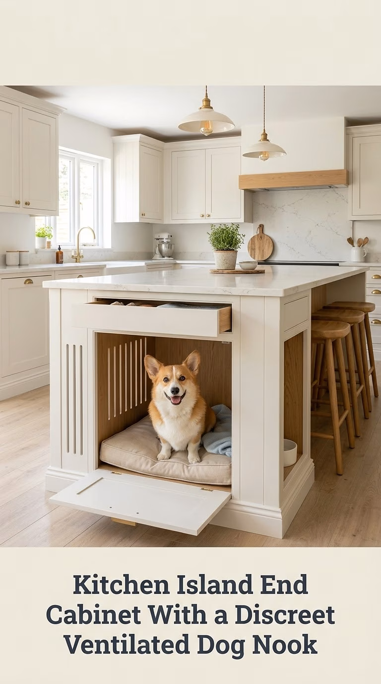 Kitchen Island End Cabinet With a Discreet Ventilated Dog Nook