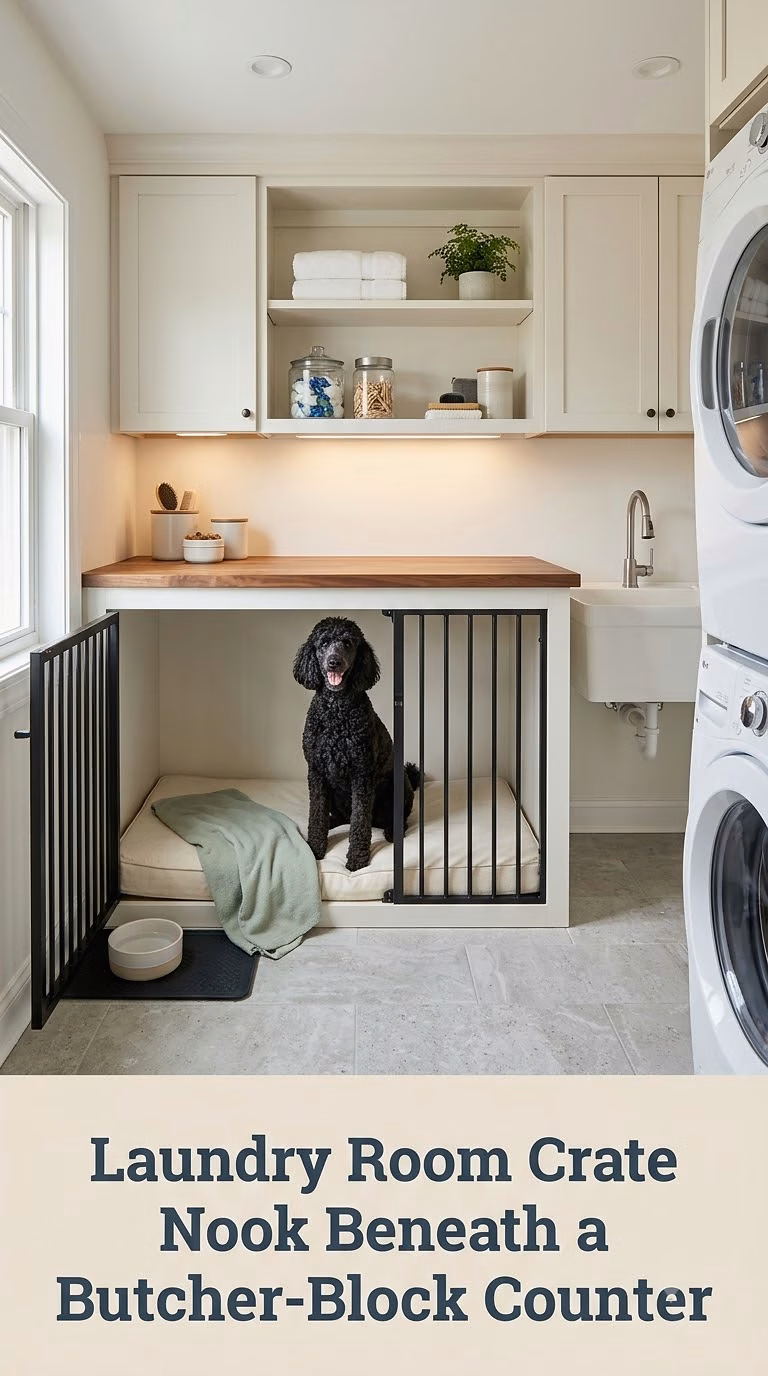 Laundry Room Crate Nook Beneath a Butcher-Block Counter