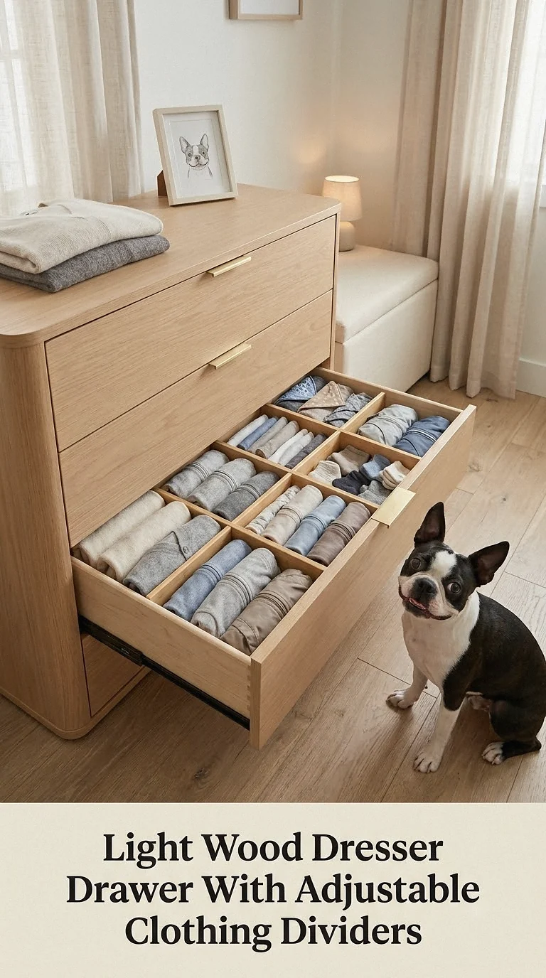 Light Wood Dresser Drawer With Adjustable Dog Clothing Dividers