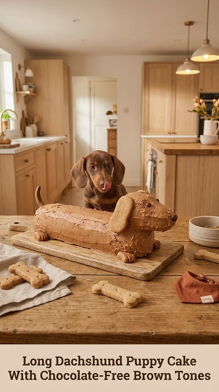 Long Dachshund Puppy Cake With Chocolate-Free Brown Tones