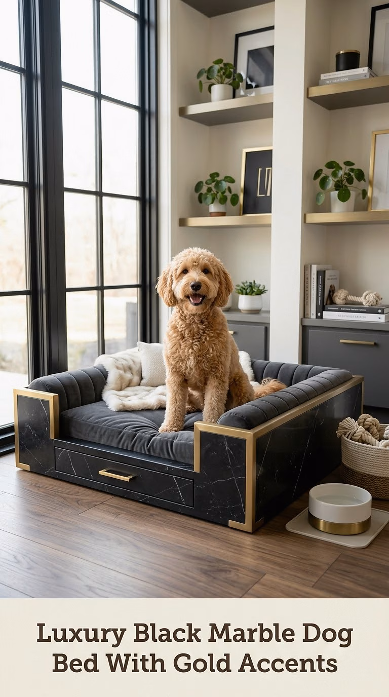 Luxury Black Marble Dog Bed With Gold Accents