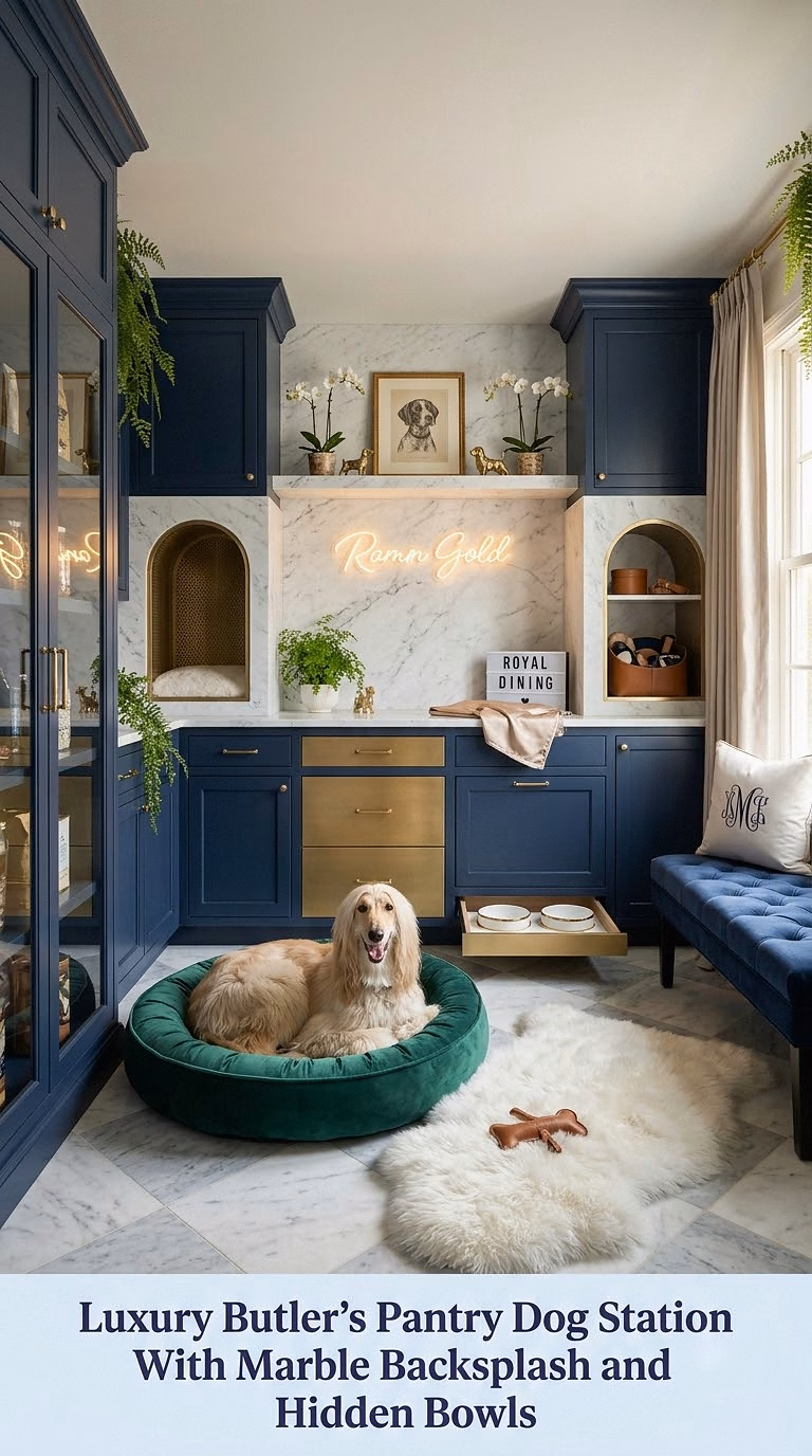 7. Luxury Butler's Pantry Dog Station With Marble Backsplash and Hidden Bowls