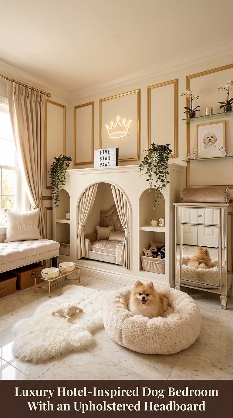 7. Luxury Hotel-Inspired Dog Bedroom With an Upholstered Headboard