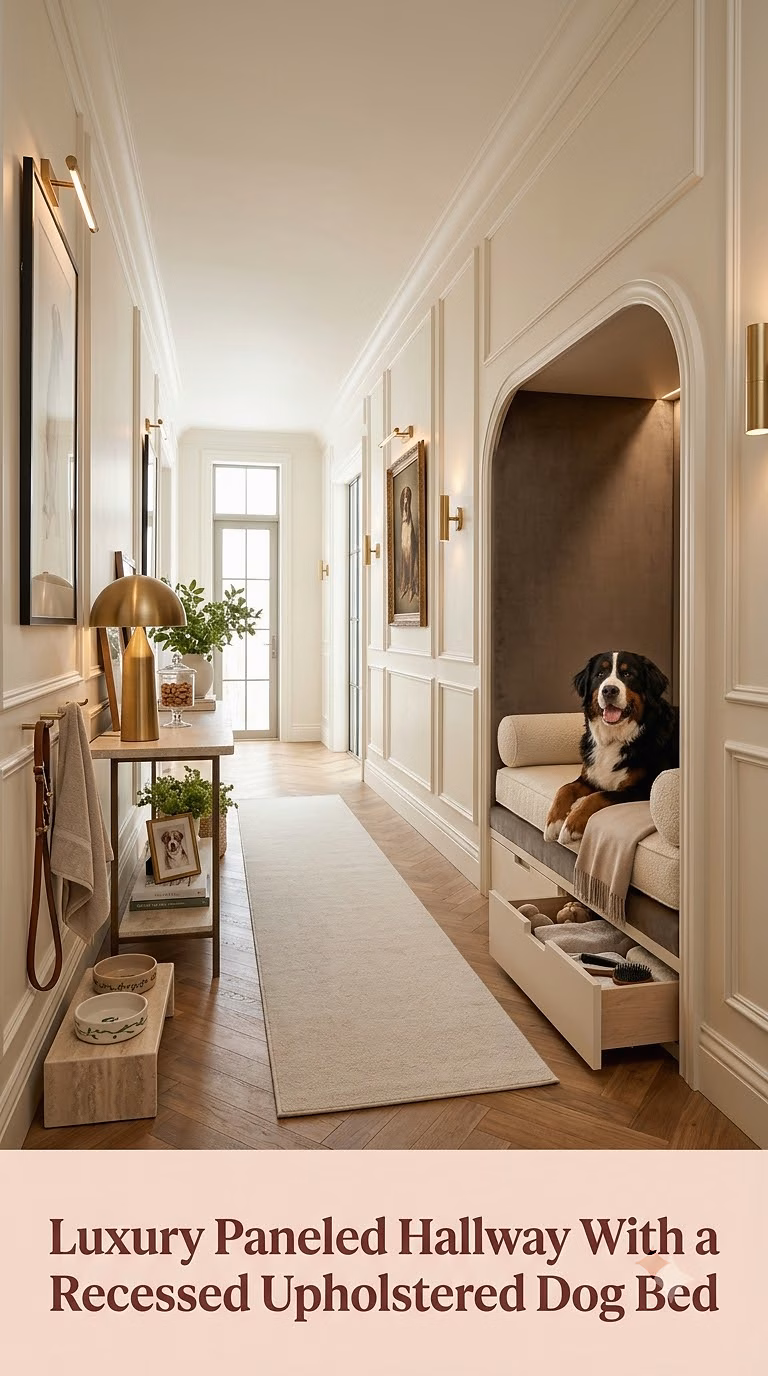 7. Luxury Paneled Hallway With a Recessed Upholstered Dog Bed