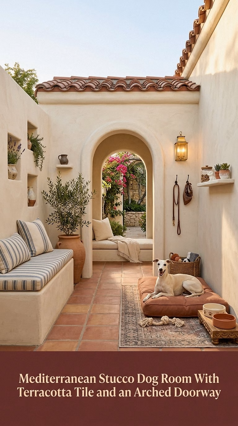 7. Mediterranean Stucco Dog Room With Terracotta Tile and an Arched Doorway