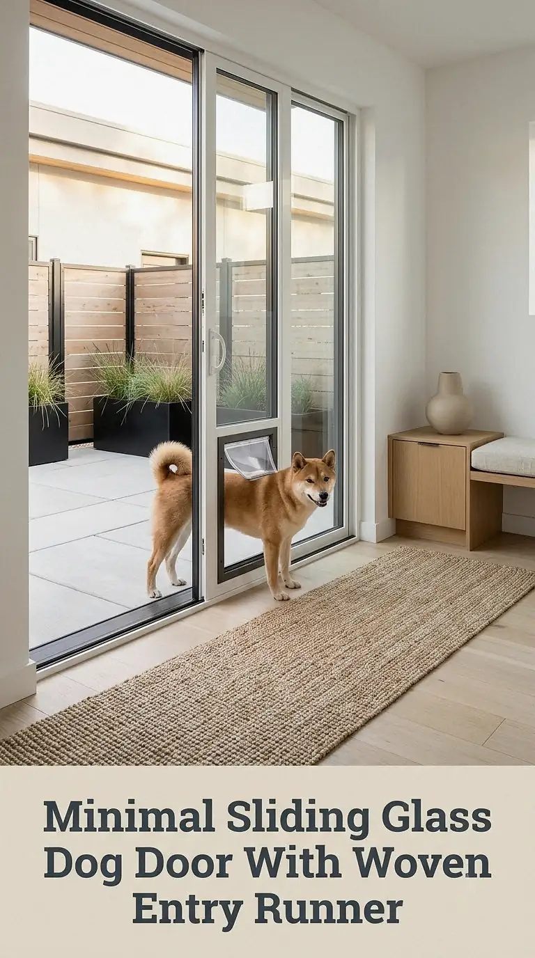 Minimal Sliding Glass Dog Door With Woven Entry Runner