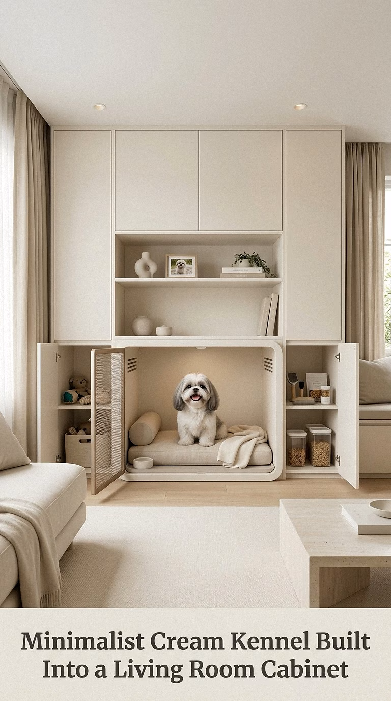 Minimalist Cream Kennel Built Into a Living Room Cabinet