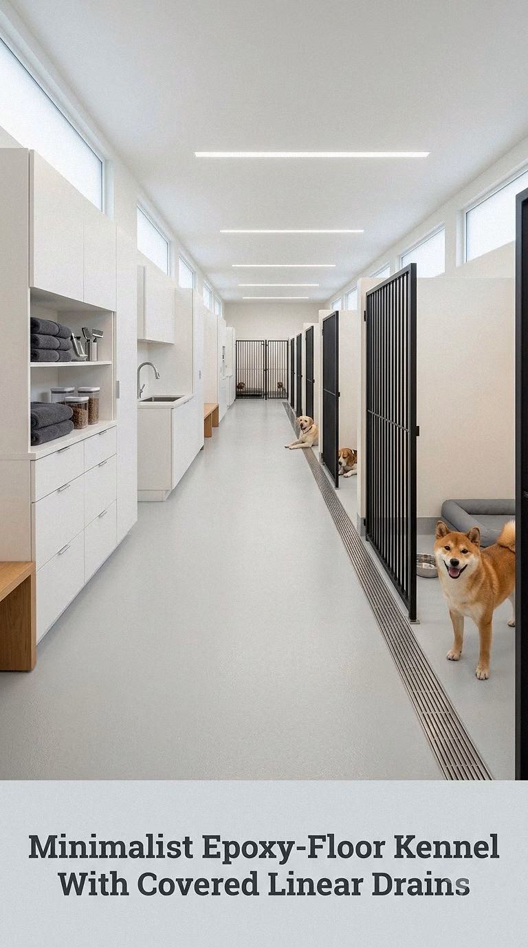 Minimalist Epoxy-Floor Kennel With Covered Linear Drains