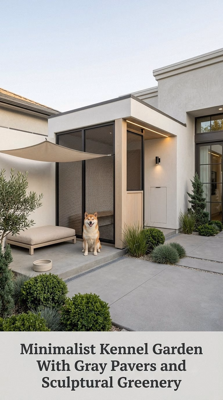 Minimalist Kennel Garden With Gray Pavers and Sculptural Greenery