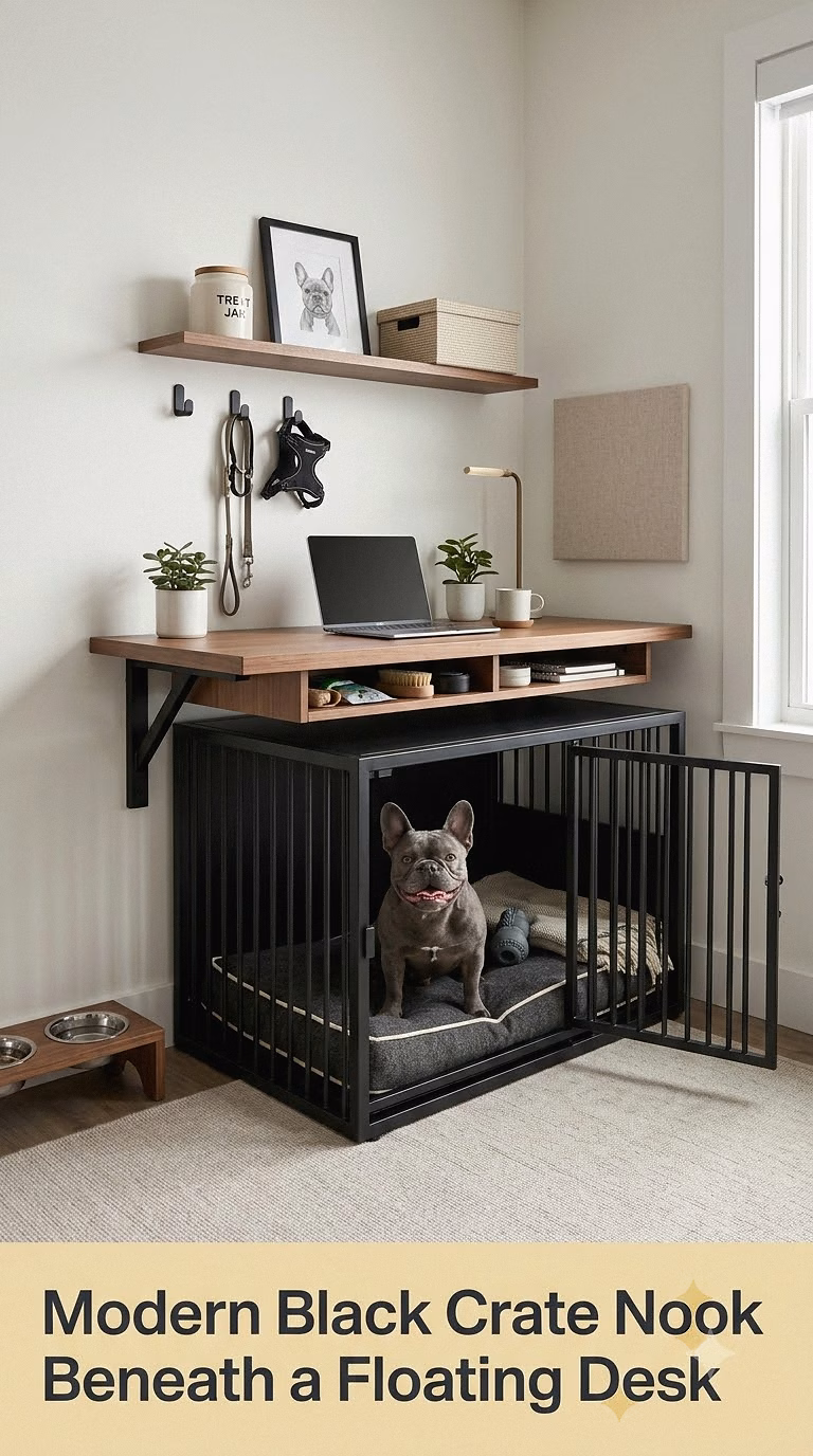 7. Modern Black Crate Nook Beneath a Floating Desk