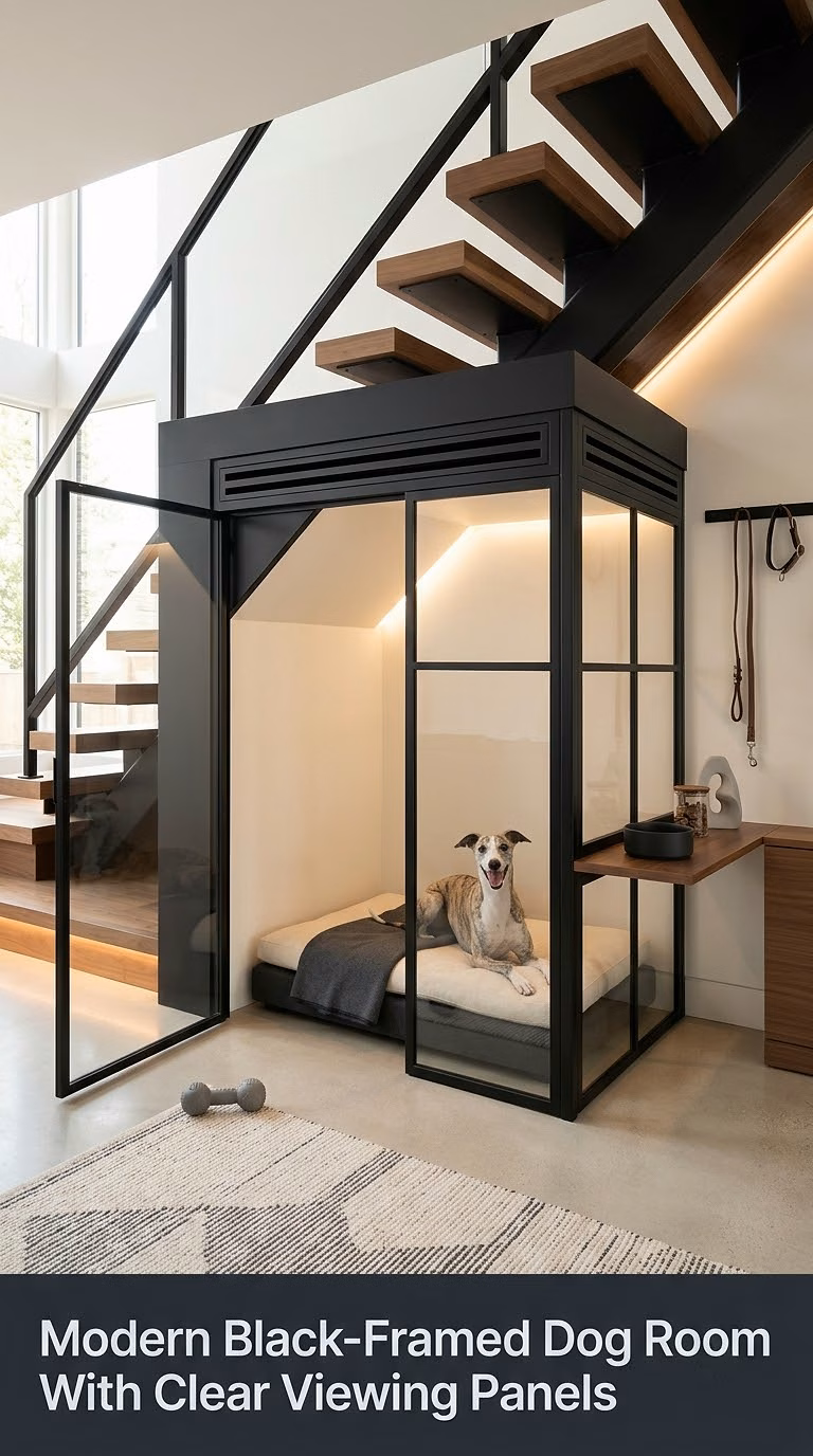 7. Modern Black-Framed Dog Room With Clear Viewing Panels
