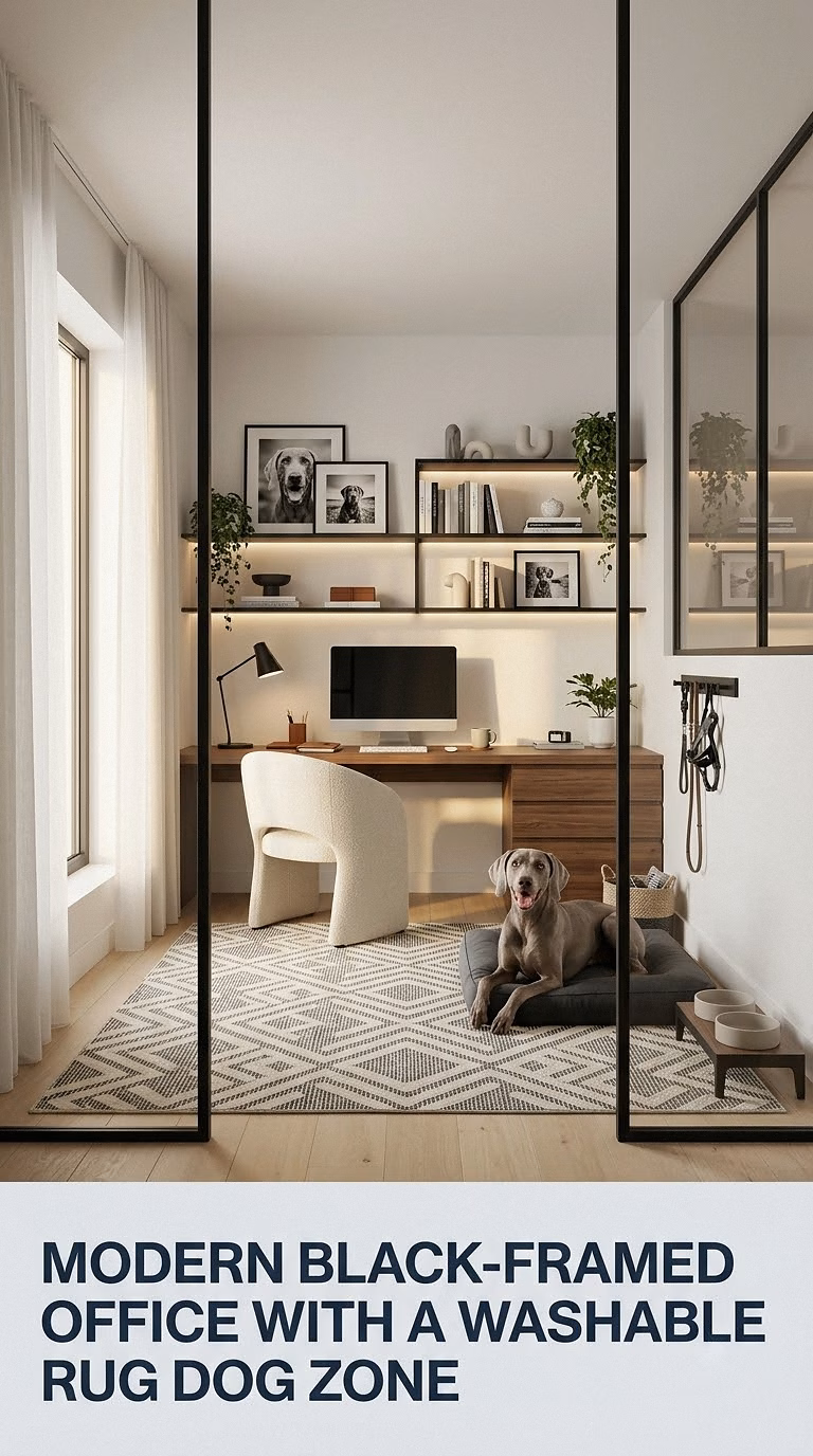 Modern Black-Framed Office With a Washable Rug Dog Zone