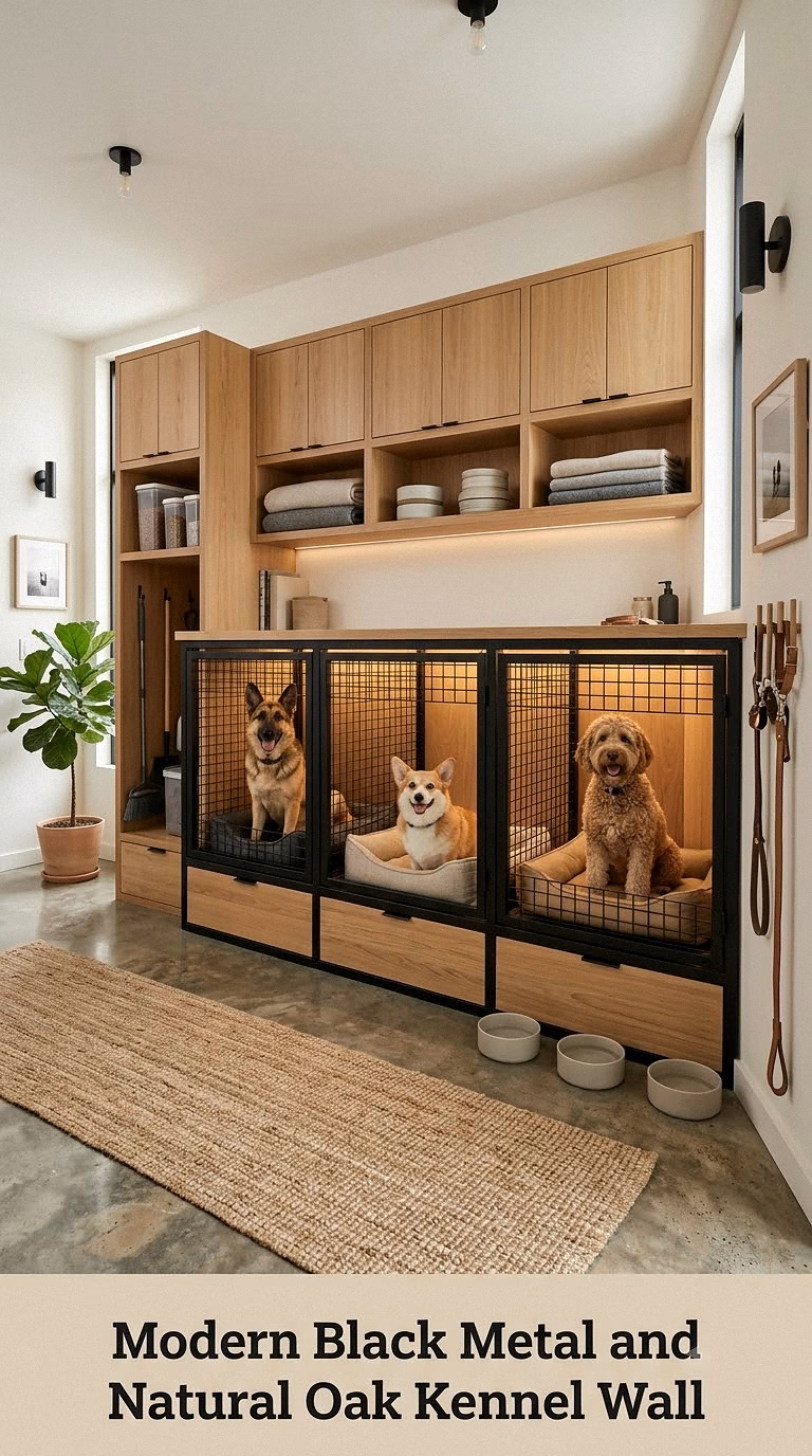 Modern Black Metal and Natural Oak Kennel Wall