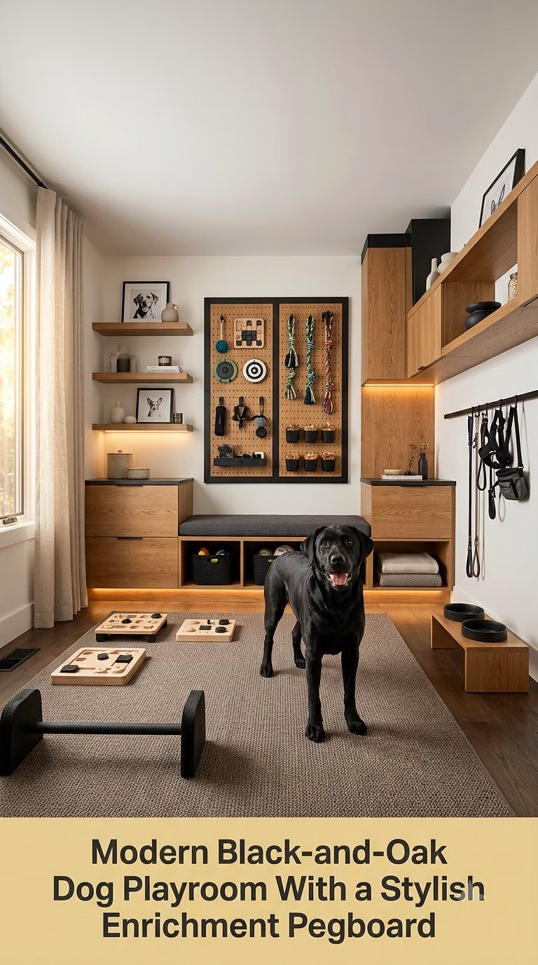 7. Modern Black-and-Oak Dog Playroom With a Stylish Enrichment Pegboard