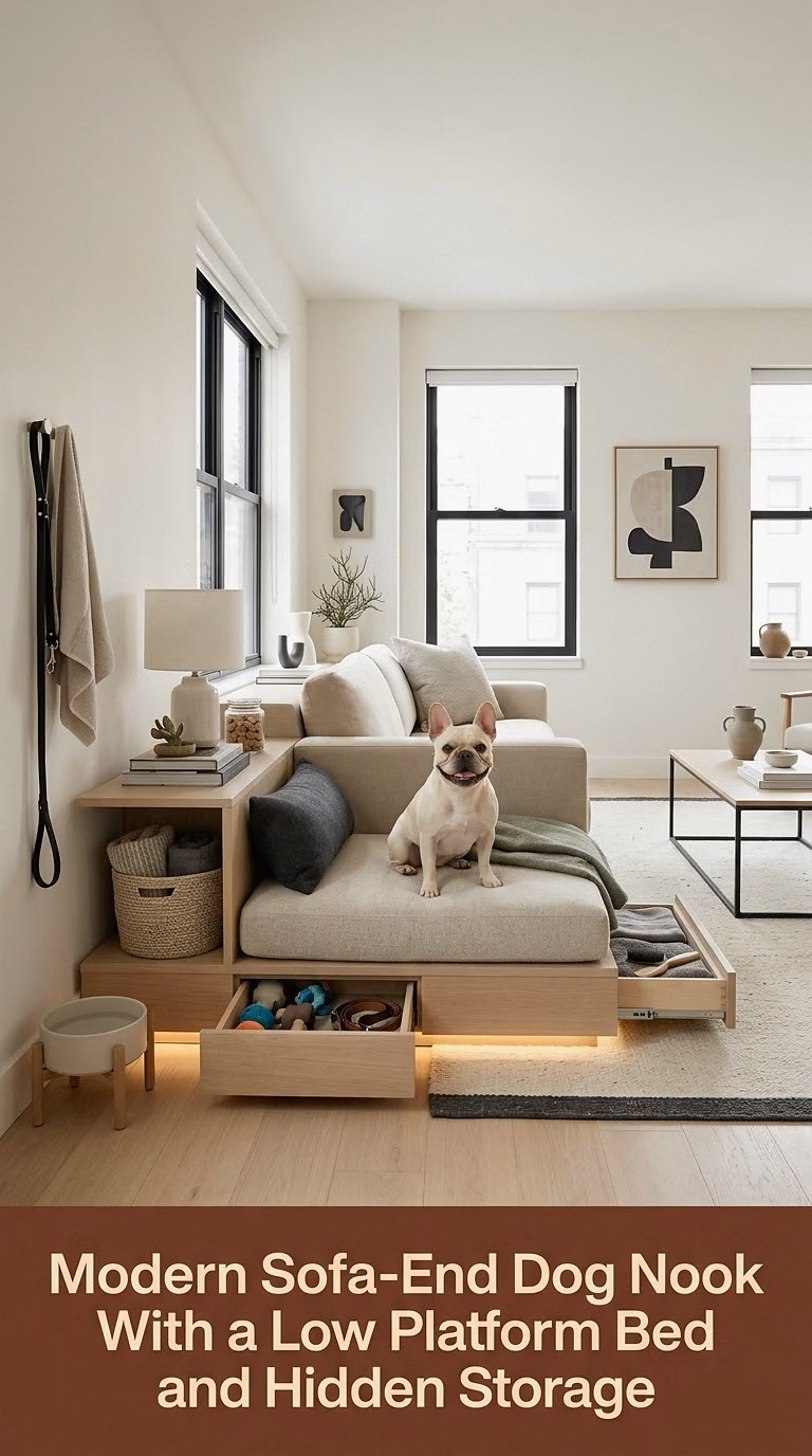 7. Modern Sofa-End Dog Nook With a Low Platform Bed and Hidden Storage