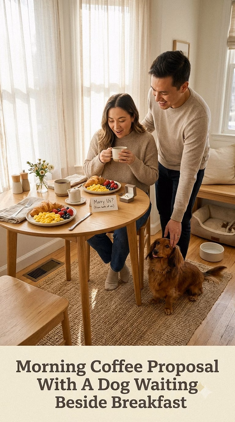 Morning Coffee Proposal With A Dog Waiting Beside Breakfast