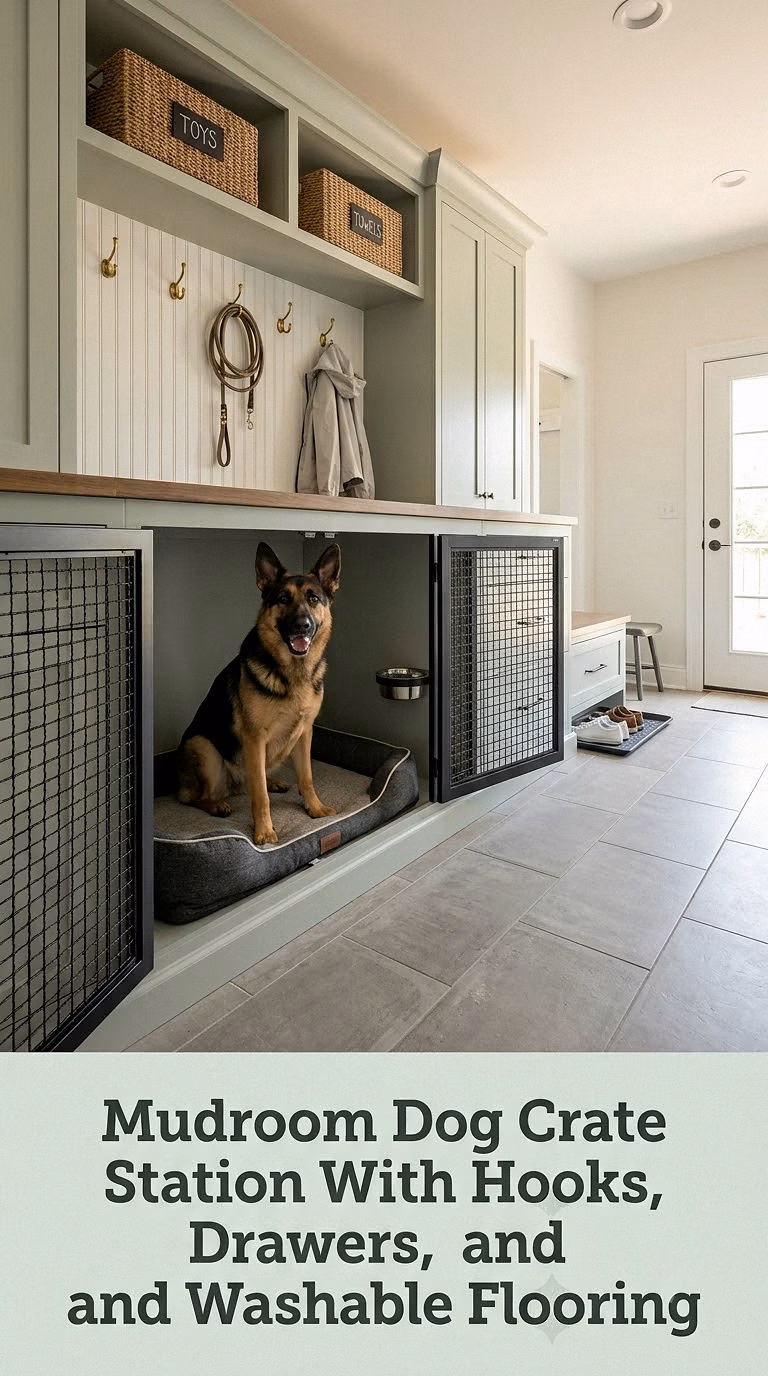 Mudroom Dog Crate Station With Hooks, Drawers, and Washable Flooring