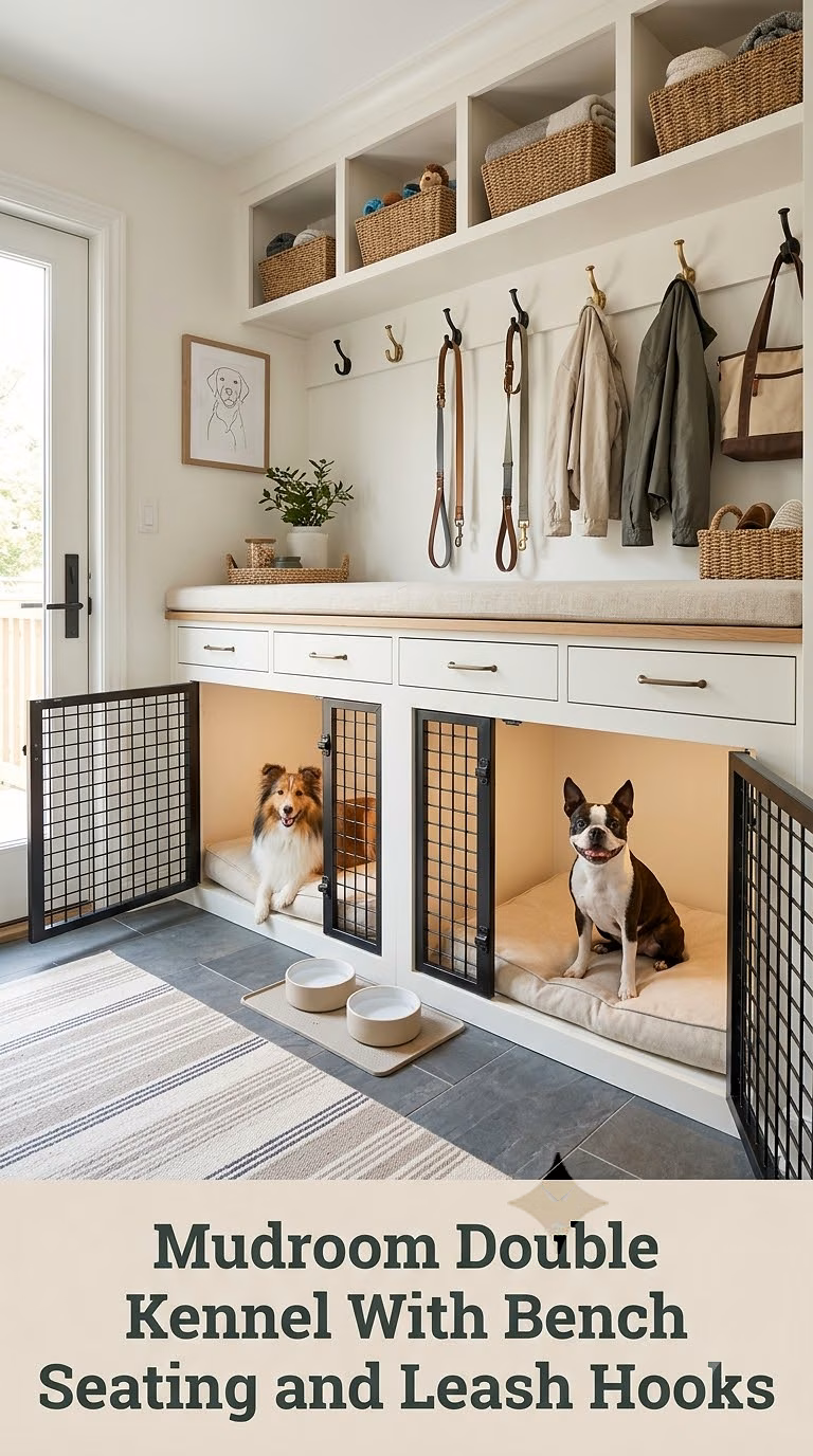 Mudroom Double Kennel With Bench Seating and Leash Hooks
