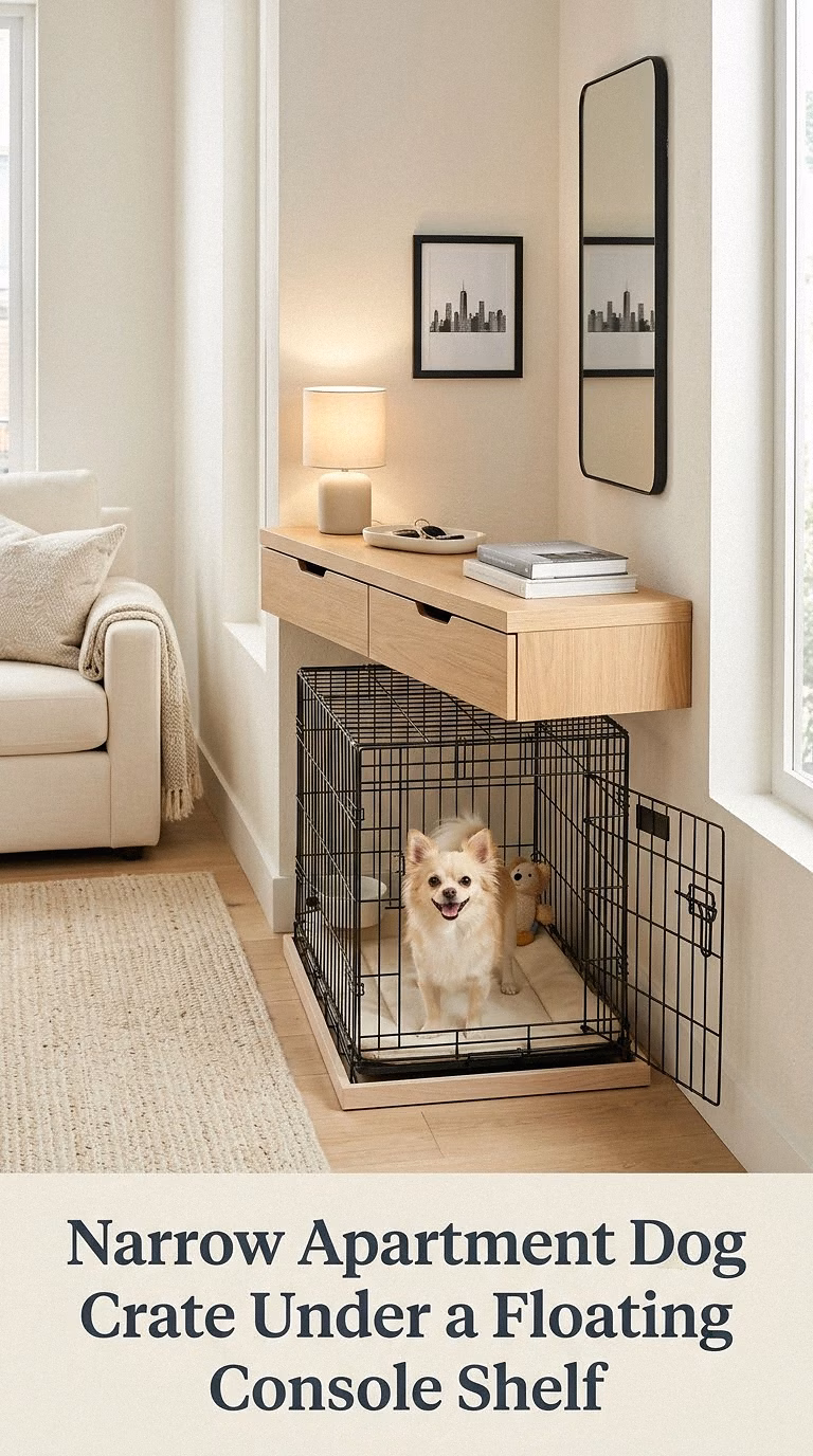 Narrow Apartment Dog Crate Under a Floating Console Shelf