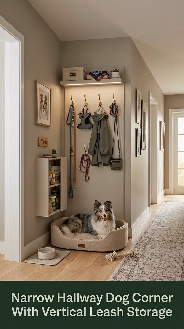 7. Narrow Hallway Dog Corner With Vertical Leash Storage