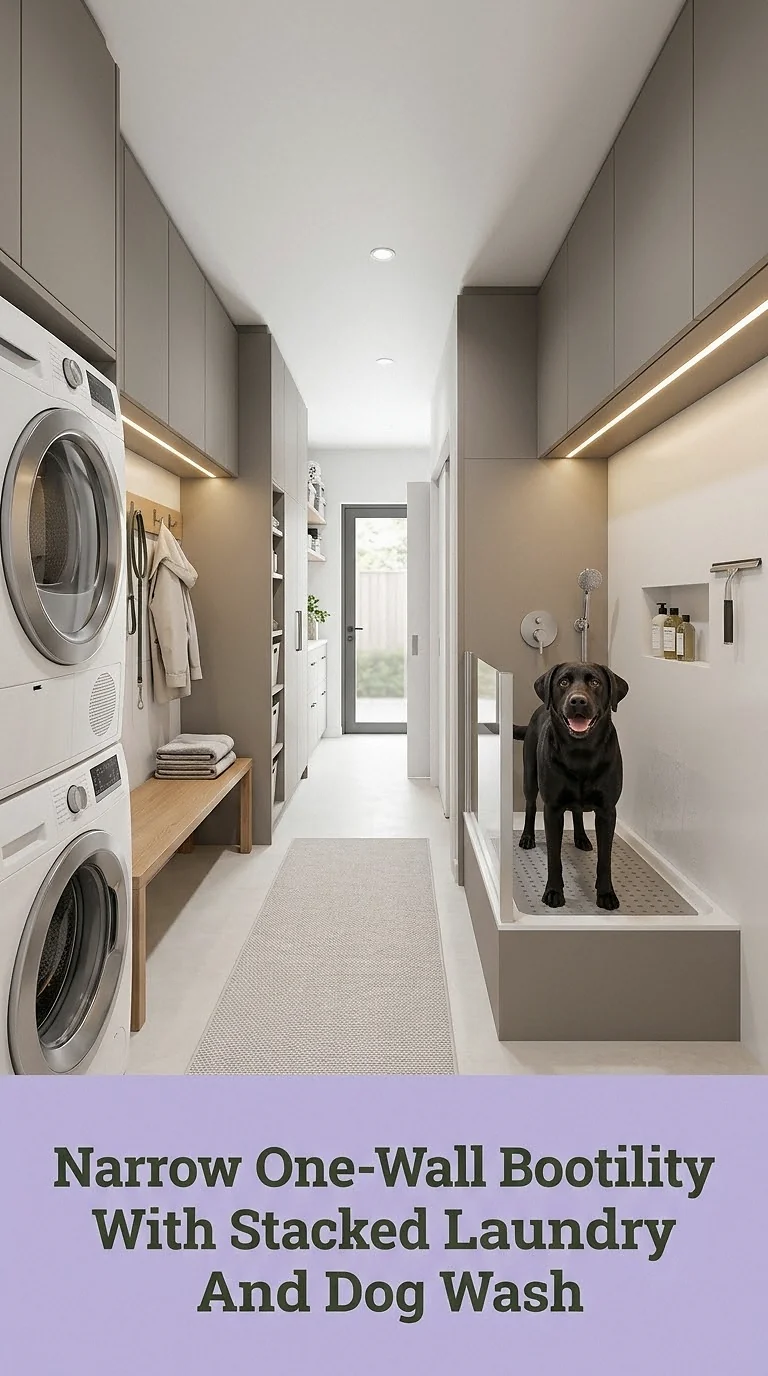 Narrow One-Wall Bootility With Stacked Laundry And Dog Wash