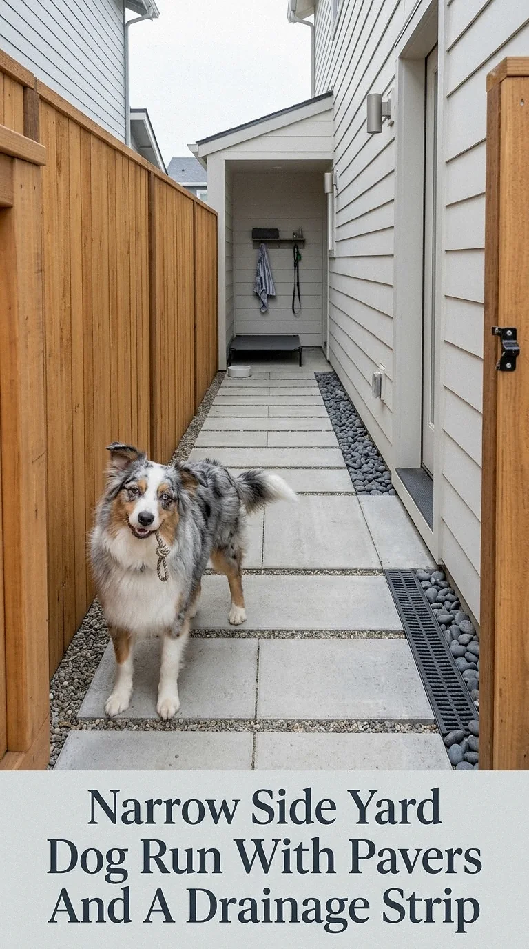 Narrow Side Yard Dog Run With Pavers And A Drainage Strip