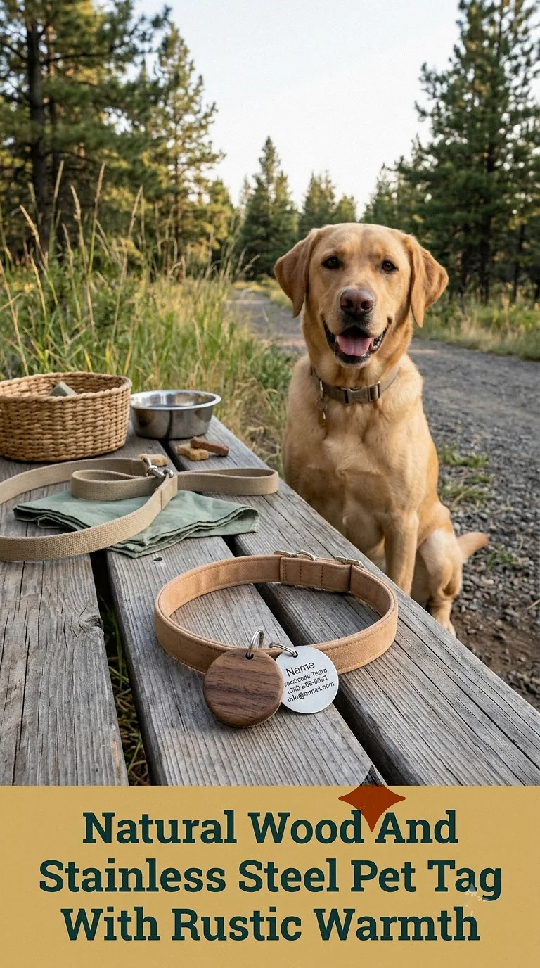 Natural Wood And Stainless Steel Pet Tag With Rustic Warmth