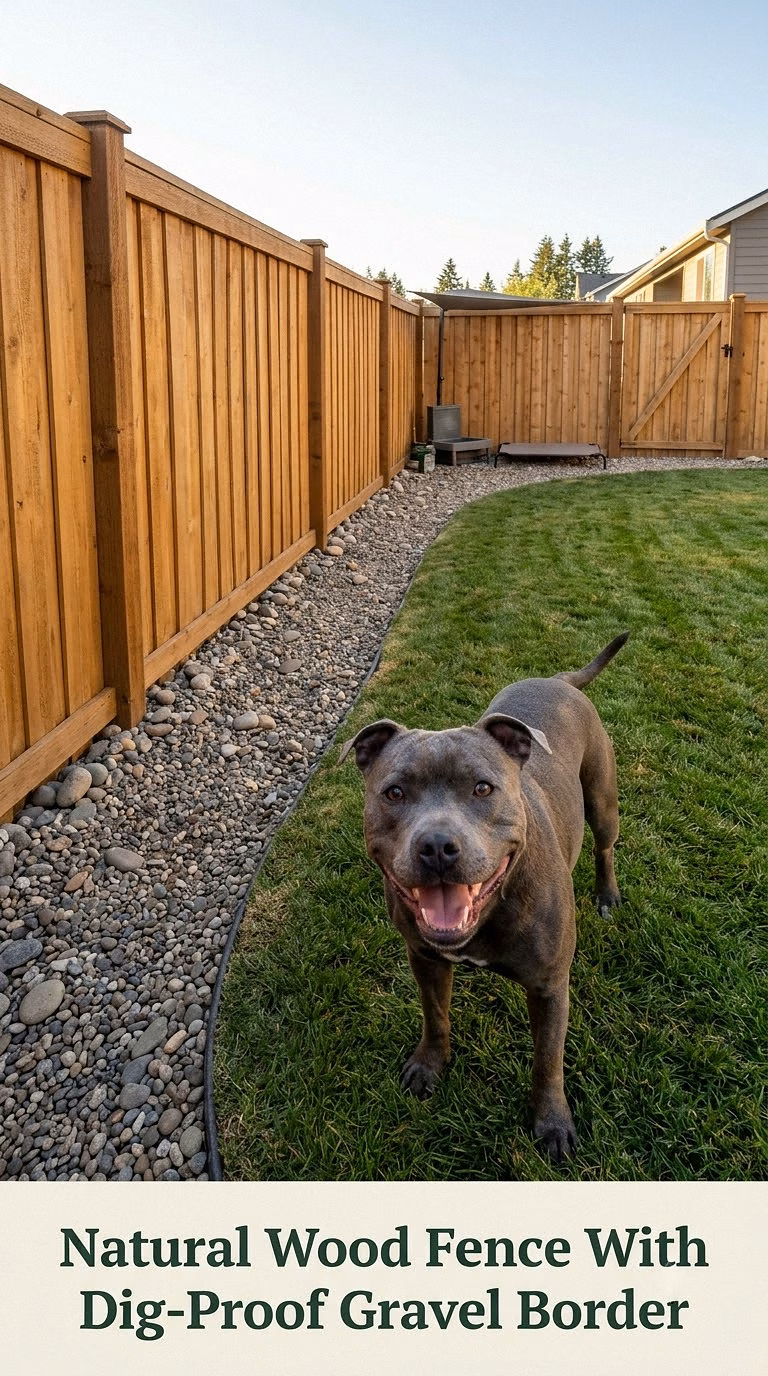 Natural Wood Fence With Dig-Proof Gravel Border