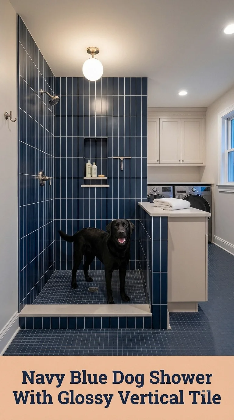 Navy Blue Dog Shower With Glossy Vertical Tile