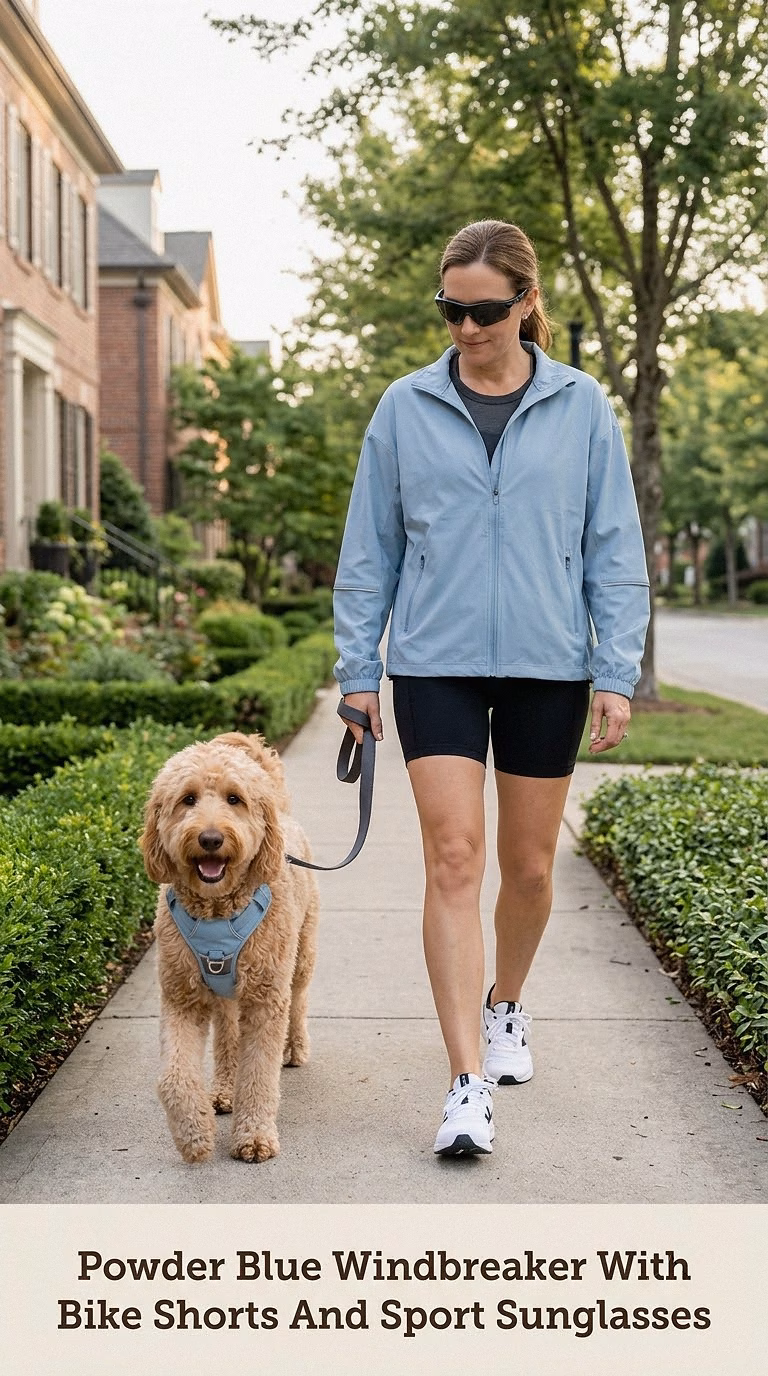 Powder Blue Windbreaker With Bike Shorts And Sport Sunglasses