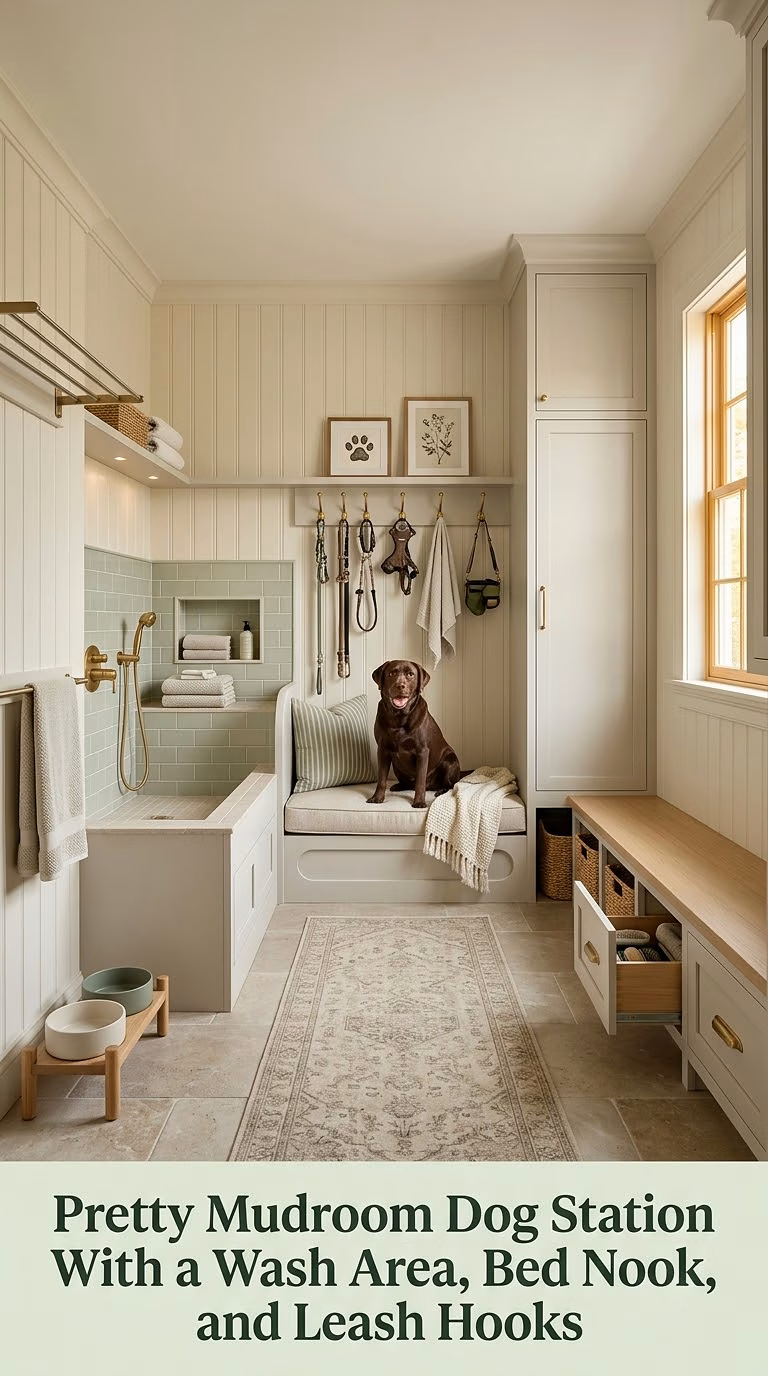 7. Pretty Mudroom Dog Station With a Wash Area, Bed Nook, and Leash Hooks