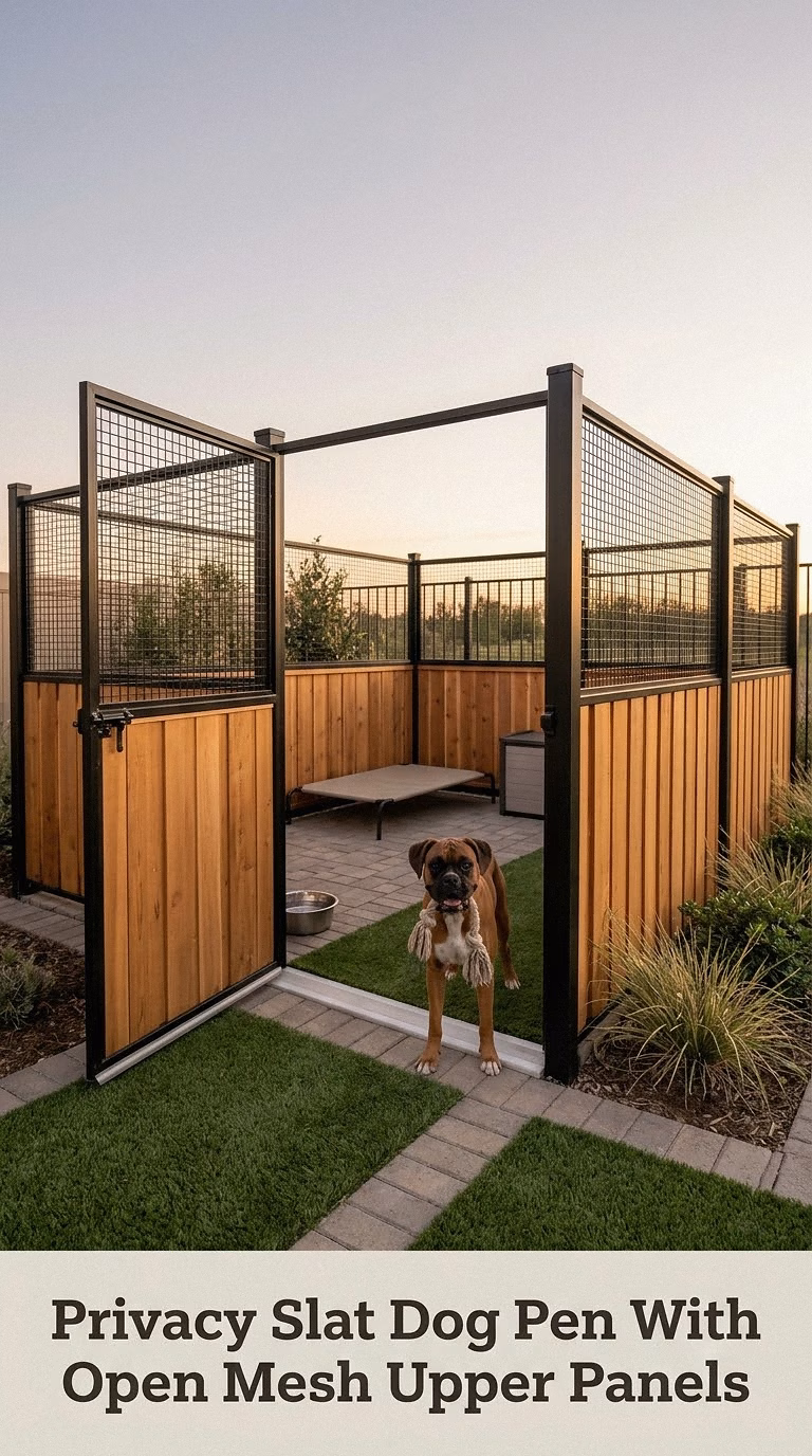 Privacy Slat Dog Pen With Open Mesh Upper Panels