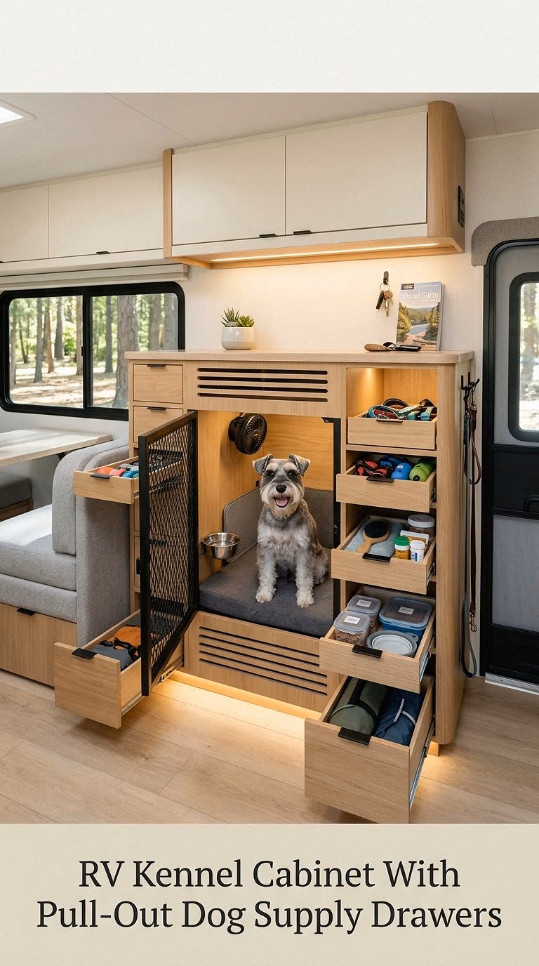 RV Kennel Cabinet With Pull-Out Dog Supply Drawers